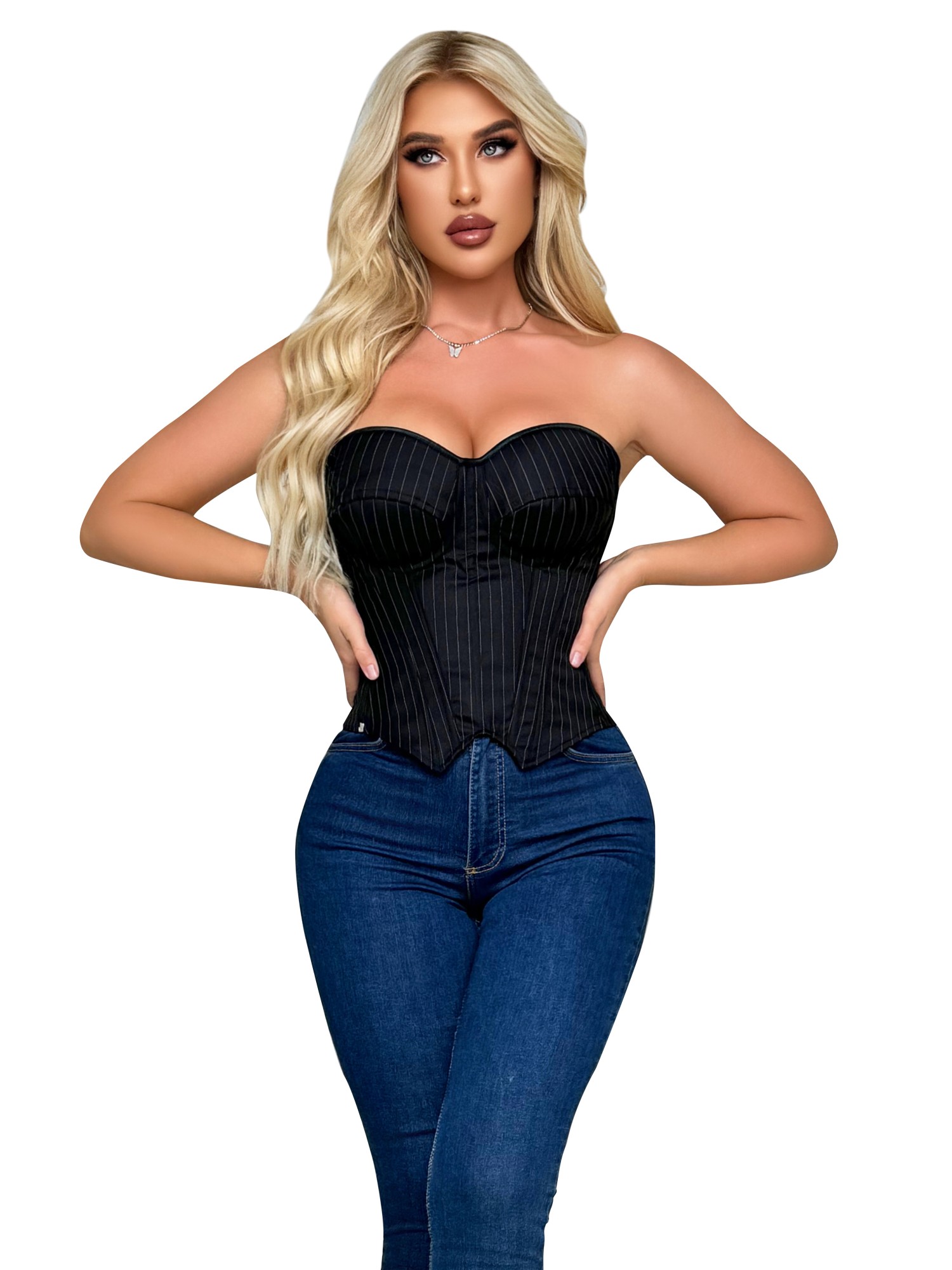 Striped Overbust Corset Fashion Lady Bra Bodices Corselet Zipper Bustier